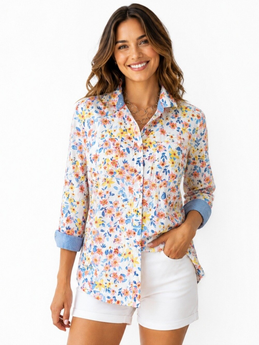 Floral Button Up Shirt Women PL Petite Large 100% Cotton Chambray Cuff Classic